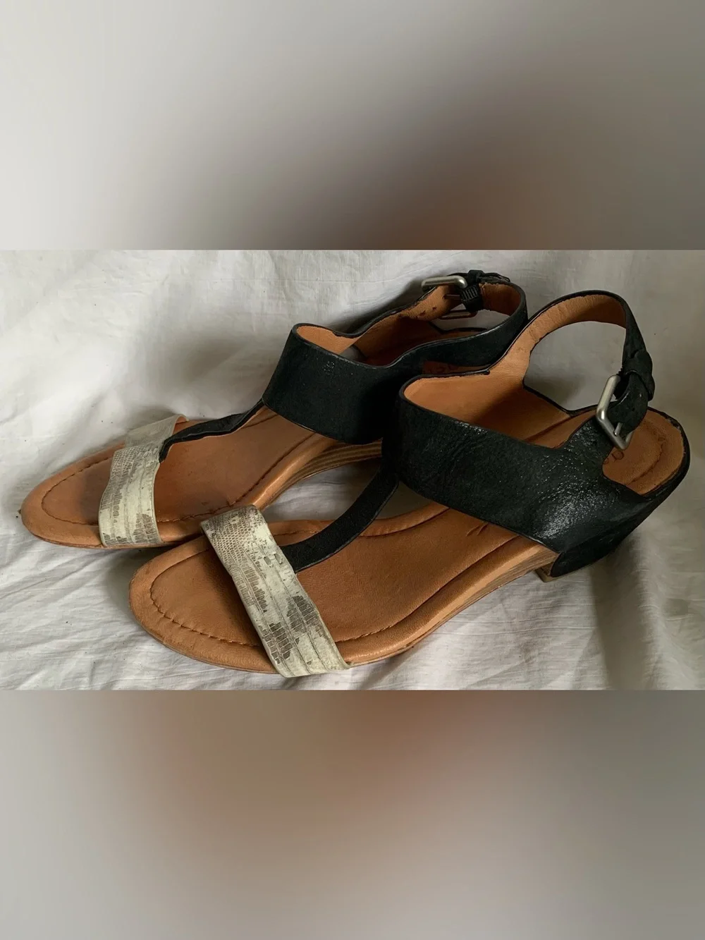 gentle souls Black and Beige Snake-Print T-Strap Sandals